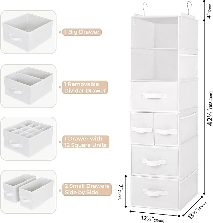 GRANNY SAYS Hanging Closet Organizer and Storage, 6 Shelf Clothes Organization with Drawers, 6 Side Pockets Closet Hanging Shelves for Bras, Socks, Underwear, Nursery Room, Wardrobe, White, 1-Pack - Image 3