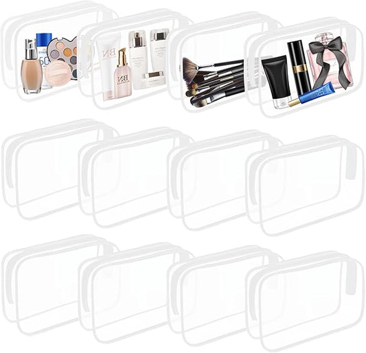 12 Pieces Clear Cosmetics Bag, Clear PVC Zippered Cosmetic Makeup Pouch, TSA Approved Toiletry Bag for Travel, Waterproof Vinyl Plastic Organizer Case for Vacation Bathroom (White Medium)
