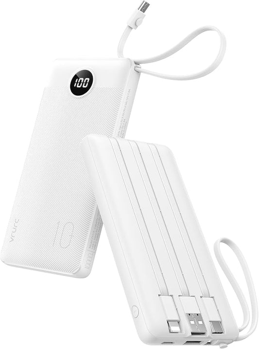 VRURC Portable Charger Power Bank, 10000mAh Travel Essentials Battery Pack, 5 Outputs 2 Inputs Slim Charing Bank Built-in Cables Cords Wires Compatible with iPhone,Samsung,Android-White(1 Pack)