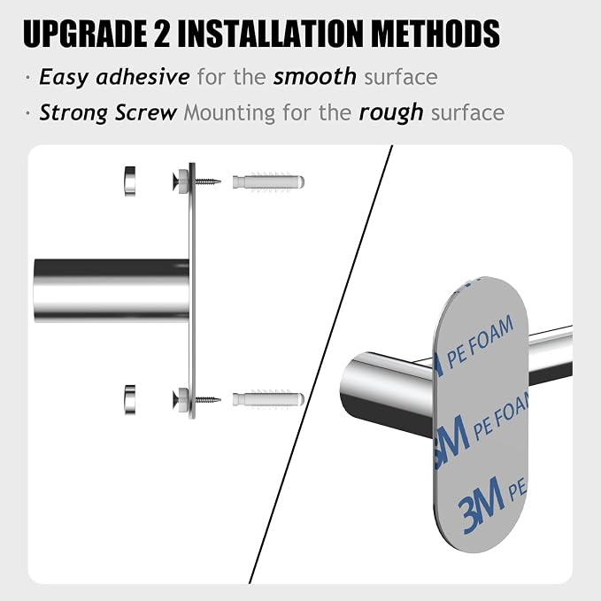 Towel Bar, Adjustable 14.4inch - 25.2inch Towel Rack, Self Adhesive & Wall Mounted for Bathroom Kitchen Hand Towel Holder Cloths Hanger SUS 304 Stainless Steel Single Bar (4, Chrome) - Image 4