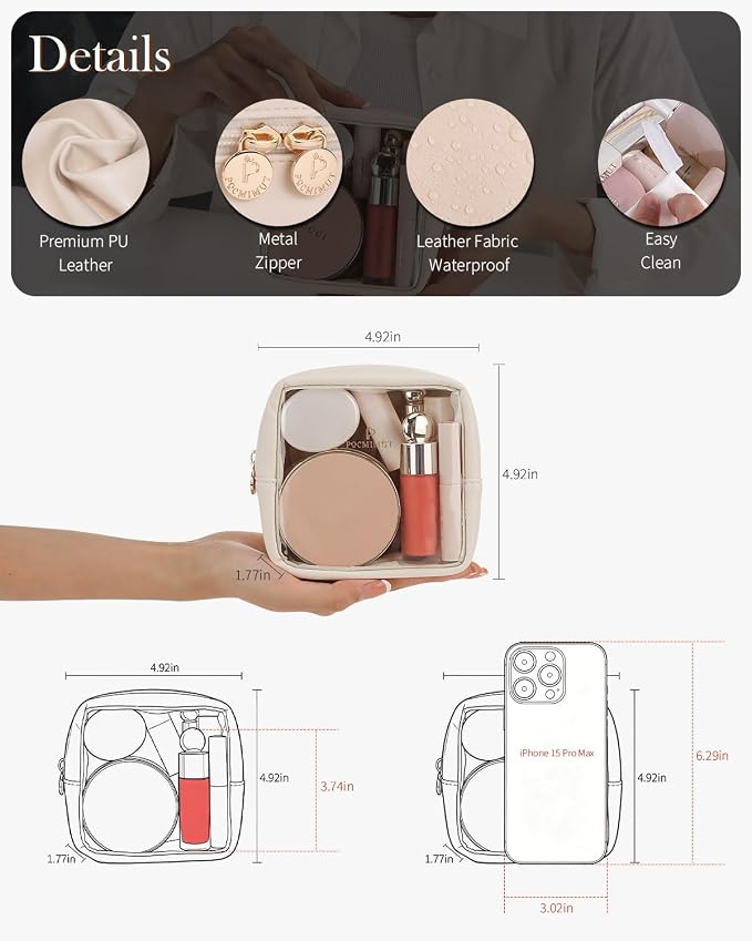 Pocmimut Mini Makeup Bag with Small Cosmetic Bag Travel Essentials Organizers,TSA Approved Toiletry Bag Makeup Pouch Clear Cosmetic Bags for Women,Beige - Image 4