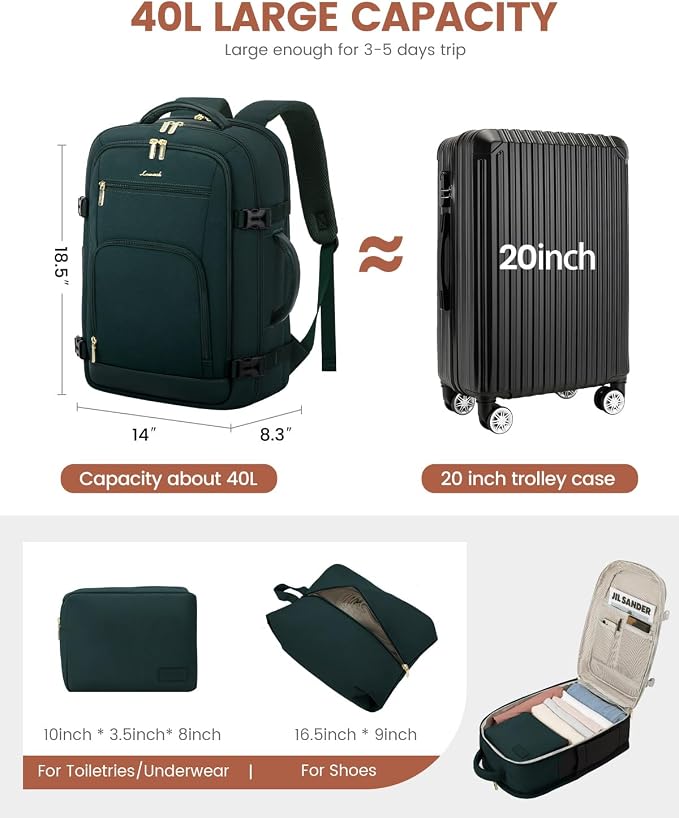 LOVEVOOK Carry On Travel Backpack For Women Men Flight Approved, 40L Personal Item Backpack for Airplanes, Business Weekender Overnight Daypack Fits 17 Inch Laptop, With 2 Packing Cubes, Dark Green - Image 4