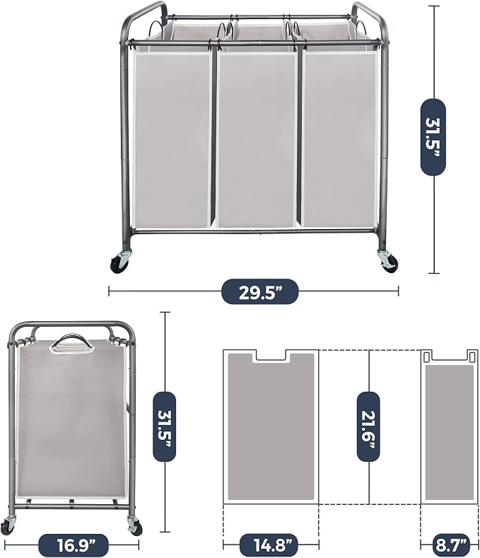 STO STO Laundry Sorter 3 Section, 3 Bag Clothes Hamper, Rolling Laundry Cart Basket with Heavy Duty Lockable Wheels and Removable Bag for Laundry Room, Bedroom, Closet, Gray - Image 6