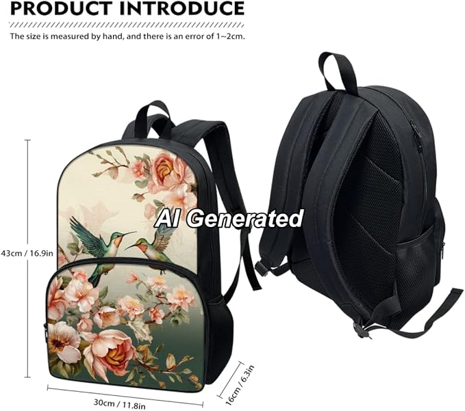 Humingbird Kids Backpack Girls Elementary School Floral School Bags for Teens 3 Pcs Set Travel Bookbag with Lunch Bag and Pencil Case for School - Image 3