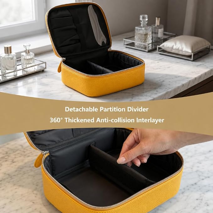 Luxury Genuine Cowhide Leather Cosmetic Organizer Bag – Large Capacity Makeup & Toiletry Travel Case with Compartment, Brush Holder for Women and Men - Image 4