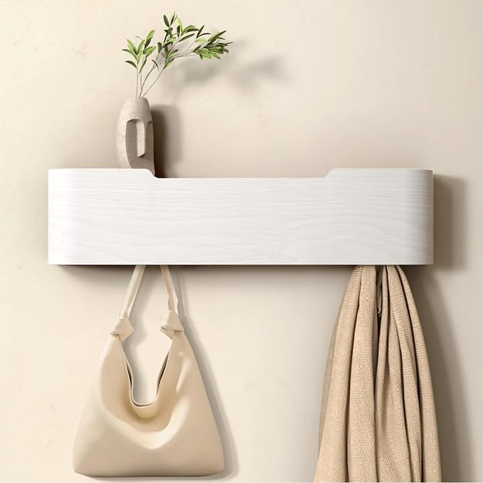 Wall Mounted Coat Rack with Shelf, Wooden Entryway Organizer with Hidden Metal Hooks for Hanging Coats Bags Keys, Modern Floating Shelf for Hallway Bathroom by VERASCOT