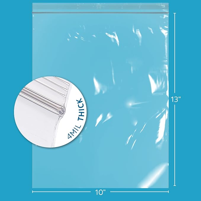 10" x 13" Heavy-Duty Zip Bags - 100 Count - Clear Plastic Reclosable Zipper Baggies, 4 Mil Thick Freezer Storage Poly Bags for Packaging Food, Clothing, Tools & Sharp Objects. - Image 2