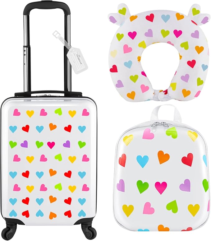 Sanwuta 4 Pcs Kids Luggage Set Back to School Gifts for Girls Boys Carry On Rolling Suitcase Backpack Neck Pillow Travel Set(17 Inch,Heart Style,White) by Sanwuta