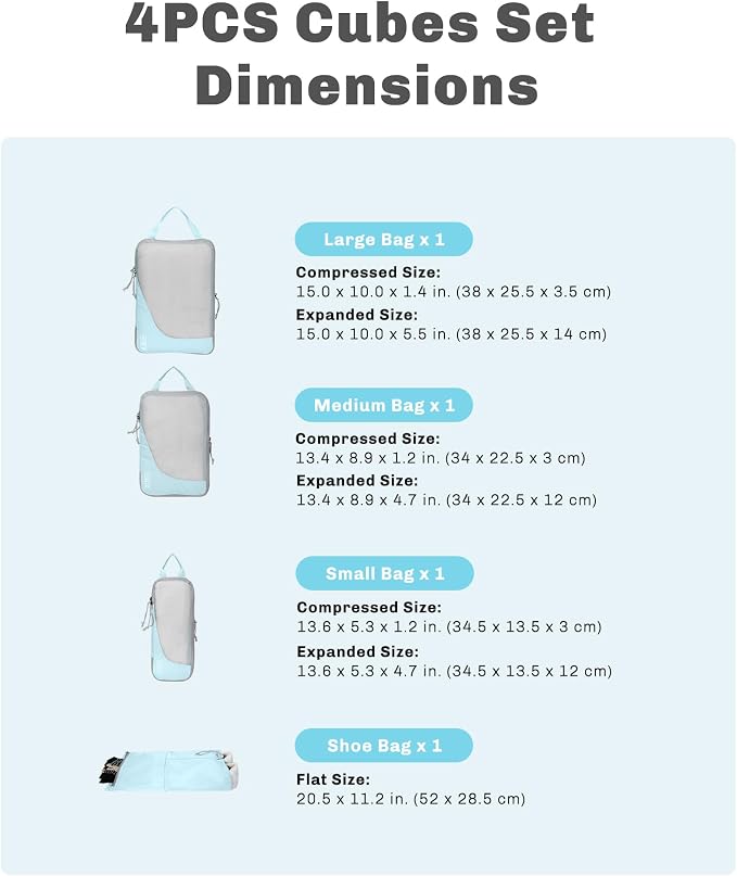 Hynes Eagle 6 Set/ 4 Set/ 2 Set Compression Packing Cubes Travel Essentials Lightweight Nylon Luggage Suitcase Organizer Bag Light Blue 4PCS - Image 2