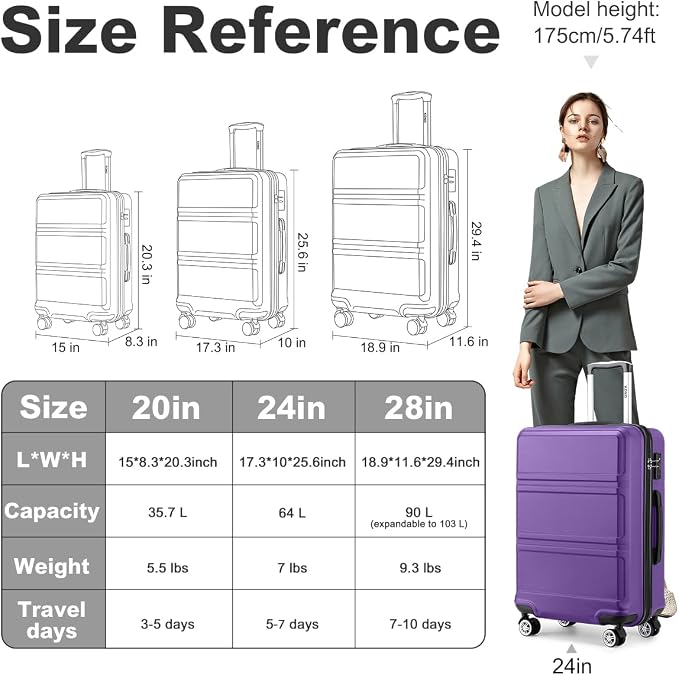 Kono 24 Inch Luggage Suitcase with Spinner Wheels TSA Lock | Lightweight PC+ABS Hardside Medium Checked Luggage Durable Rolling Suitcase Purple - Image 6
