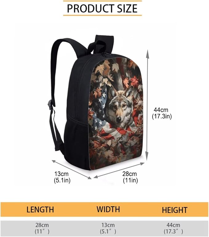 Wolf American Flag Maple Leaf Print Backpack Set for Boys and Girls, 4th of July Large Lightweight Students Schoolbag Set, Knapsack Set with Portable Lunch Box Pencil Case - Image 2