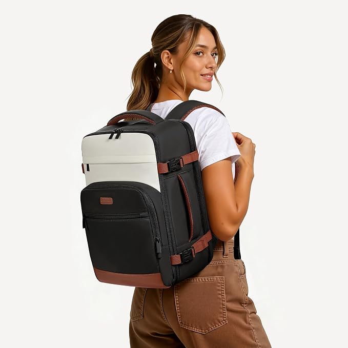 mibasies 30L Travel Backpack for Women & Men: Flight Approved Carry On Backpack, TSA Personal Item Bag with Water Bottle Pocket, Weekender Essentials Backpacks fits 15.6" Laptop - Black White Brown - Image 2