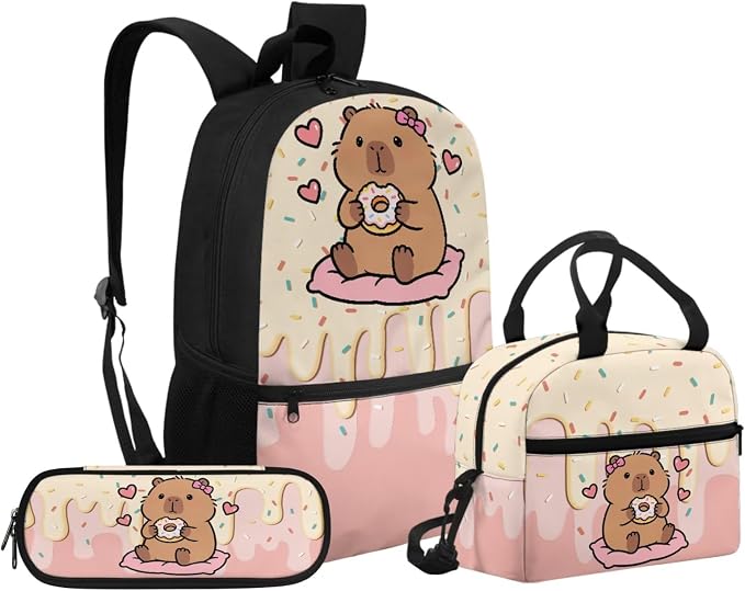 Capybara Ice Cream Girls Backpack Kids Cute School Bookbags with Lunch Box and Pencil Case for Primary Elementary Casual Daypack Set of 3 by Unknown