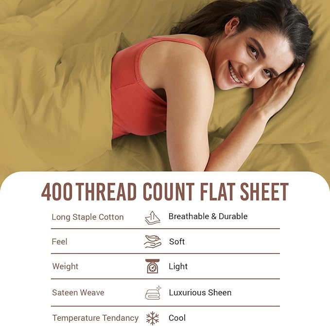 Pizuna Pure 100% Cotton Flat Sheets Only Full Mustard Gold (1 PC), Luxurious 400 Thread Count Long Staple Cotton Sateen with 4" Hem (Combed Full Flat Sheet Only Cotton) - Image 4