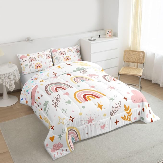 Erosebridal Girls Rainbow Quilt & 1 Pillow Case, Pink Love Heart Comforter Set Twin Size Cartoon Rainbow Bedding Set Kawaii Decor, Hand Drawn Iridescent Duvet Insert for Kids Boys Teens Adult Women - Image 4
