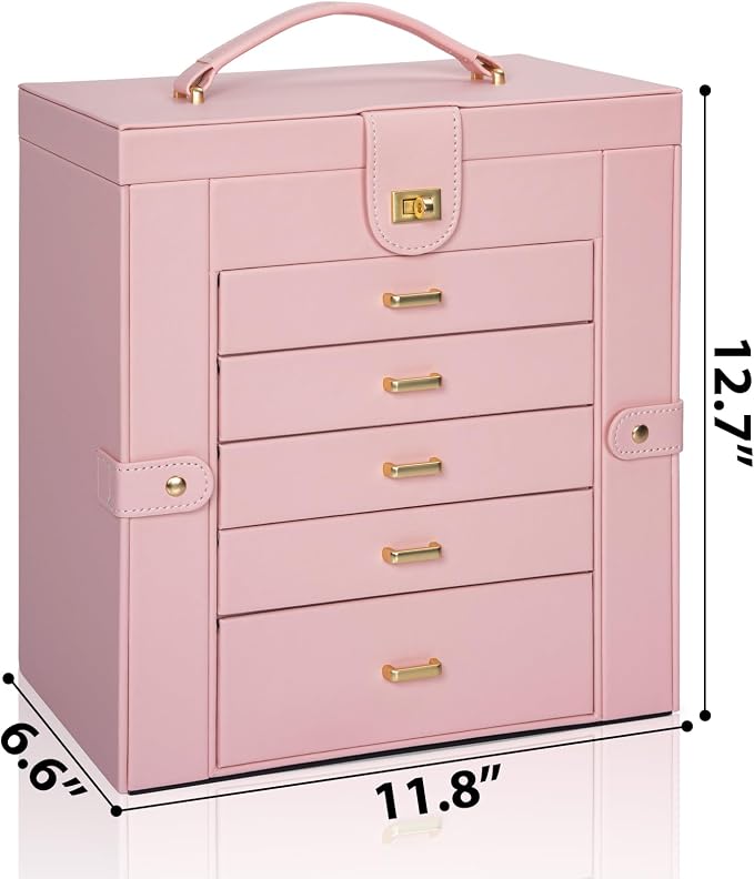 AKOZLIN 6-Tier Jewelry Box Organizer Functional 5 Drawers Leather Jewelry Storage Case for Women Girls Ring Necklace Earring Bracelet Holder Organizer with Mirror Extra Large Champagne Pink - Image 6
