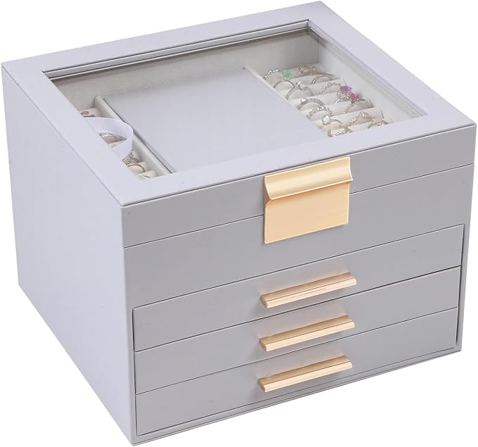 BOOVO Clear Lid Jewelry Box,3 Layers Jewelry Organizer Large Jewelry Storage Box with 2 Drawers,Jewelry Holder Organzier of Rings Earrings Necklace Bracelets for Women (Grey, 4 Layer) by BOOVO