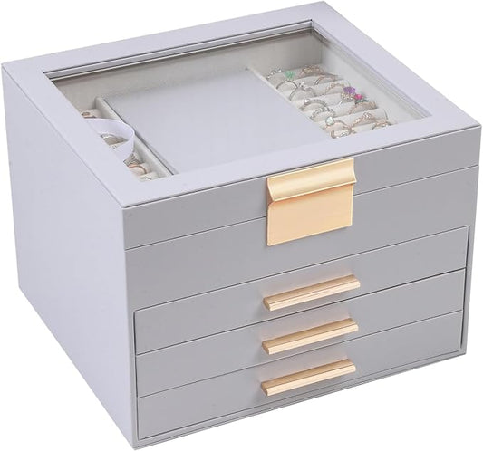 BOOVO Clear Lid Jewelry Box,3 Layers Jewelry Organizer Large Jewelry Storage Box with 2 Drawers,Jewelry Holder Organzier of Rings Earrings Necklace Bracelets for Women (Grey, 4 Layer) by BOOVO