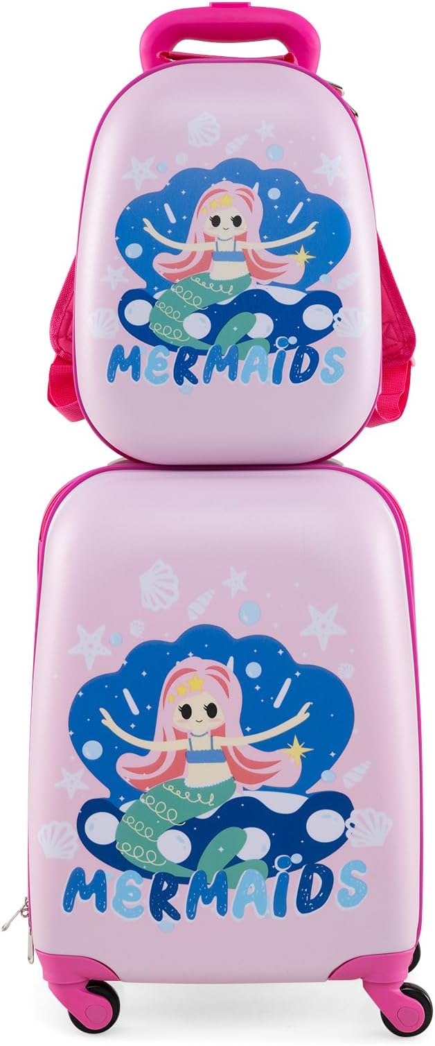 HONEY JOY Kids Luggage, 12" Toddler Backpack & 16" Travel Suitcase with Wheels, Lightweight Toddler Girls Suitcase, Durable ABS Hardshell, 2Pcs Carry On Luggage Set for Boys Girls(Mermaid) by HONEYJOY