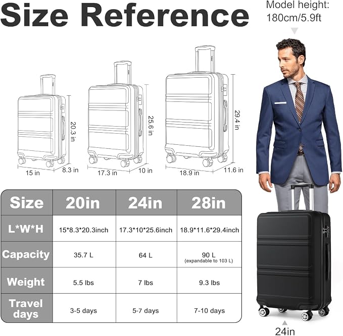 Kono 24 Inch Luggage Suitcase with Spinner Wheels TSA Lock | Lightweight PC+ABS Hardside Medium Checked Luggage Durable Rolling Suitcase Black - Image 6