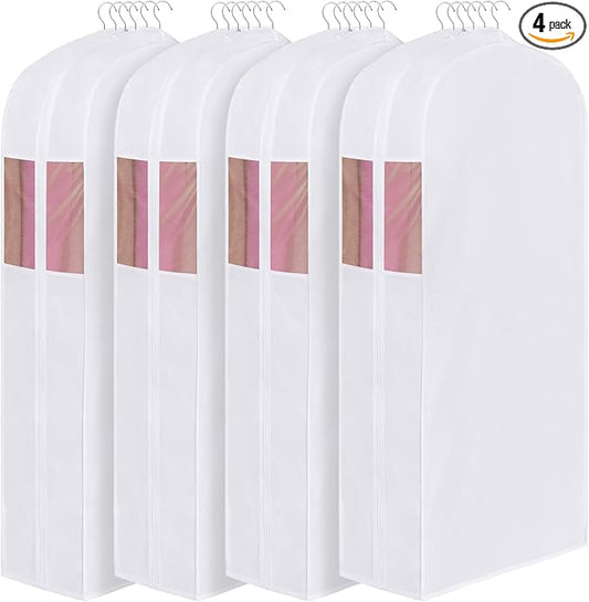 Univivi Premium Cotton Garment Bags for Hanging Clothes and Storage, 60 Inch Washable Dress Bags for Gowns Long, Full Zipper Dust Cover with Extra Large 10" Gusset & Clear Window - 4 Pack by Univivi