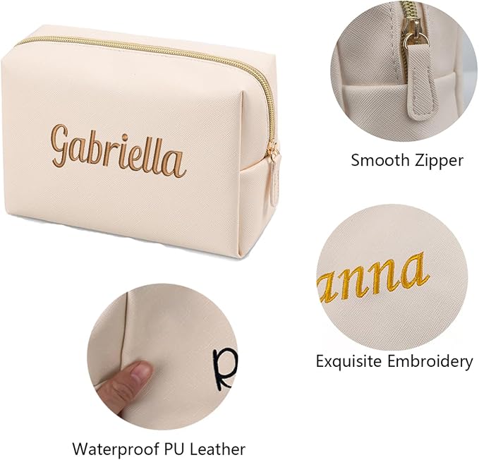 GOPHIE Personalized Embroidered Makeup Bag, Toiletry Bag for Women, Large Cosmetic Travel Bag, Gift For Bridesmaid, Beige - Image 4