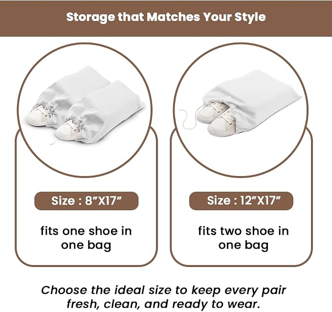 LFH Cotton Rich Shoe Storage Bags with Drawstring, Dustproof Breathable Reusable Organizer, Perfect For Travel, Dorm, Hotel, College, Gym, Easy to Carry, Machine Washable 8"x17" (Pack of 4) - White - Image 5