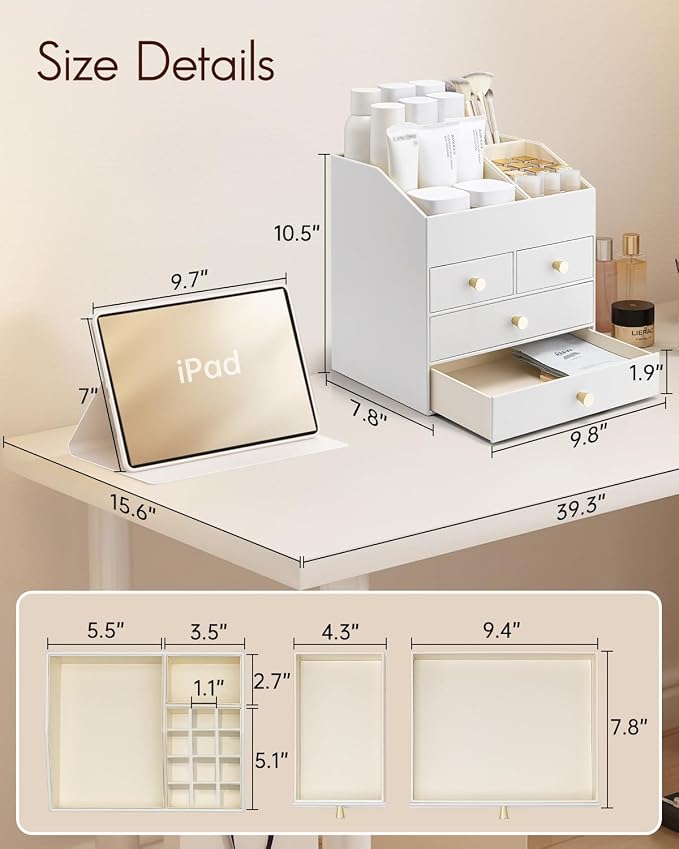 VLANDO Makeup Organizer,Vanity Organizer with Drawers, PU Leather Skincare Organizer Perfume Organizer,Large Cosmetic Display Case for Lipstick,Brushes Gifts for Women, White, 4 Layer - Image 2