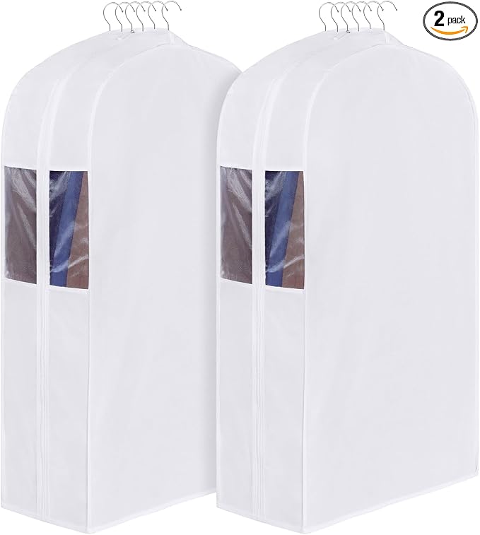 Univivi Premium Cotton Garment Bags for Hanging Clothes and Storage, 40 Inch Washable Suit Cover Bag with Extra Large 10" Gusset & Clear Window - Perfect for Suits, Coats, Jackets - 2 Pack by Univivi