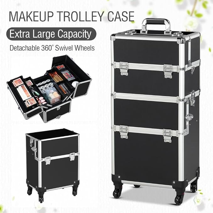 Yaheetech Rolling Makeup Train Case, Cosmetology Nail Organizer, Black | Aluminum frame and PVC shell hold a full 66 lb kit; movable dividers organize every tool, and it splits to travel on wheels - Image 4