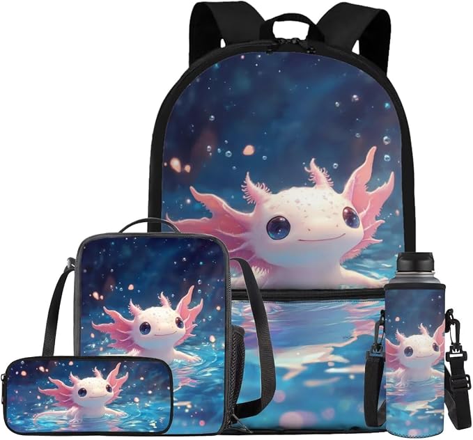 Axolotl Backpack for Girls Kids Backpack with Lunch Box Water Bottle Bag and Soft Pencil Case 4PCS Set Lightweight Bookbag with Front Pocket for School 17" Sturdy School Bag with Side Pocket by ELEDIZI