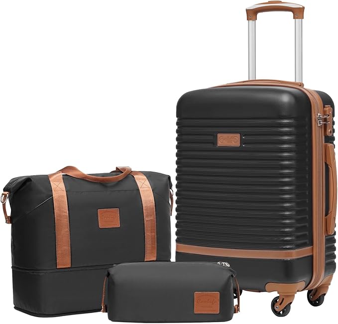 Coolife 3 piece luggage Carry On Suitcase Hardside TSA Lock,Black(DB/TB/20) | 360° Spinner Wheels;Convenient Trolley Sleeve;Water-Resistant Fabric;Fully-Lined Zipper Interior;Lightweight ABS by COOLIFE