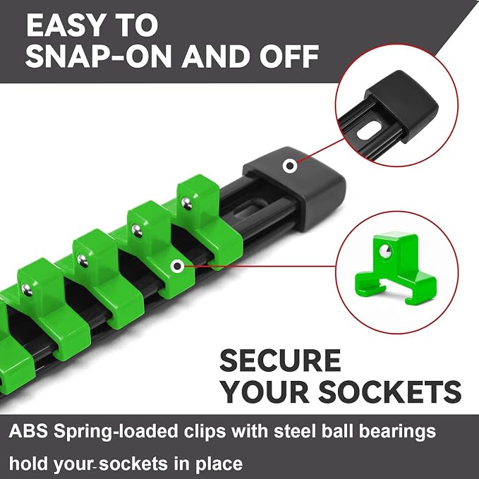 ALOANES 12PC Socket Organizer, Socket Rails Fit 1/2", 1/4" and 3/8" Drive | Portable Heavy Duty ABS Socket Holders Hold up 172 Sockets for Toolbox Drawer Bags(Green) - Image 3