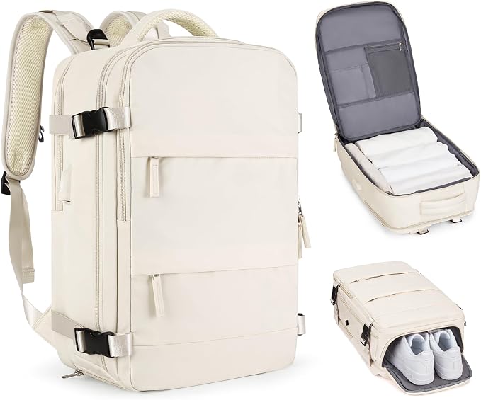Beige Large Travel Backpack For Women Men Airline Approved Personal Item Backpack For Airlines Carry On Backpack Flight Approved Waterproof Backpack For Traveling On Airplane Weekender Travel Bag by coofay