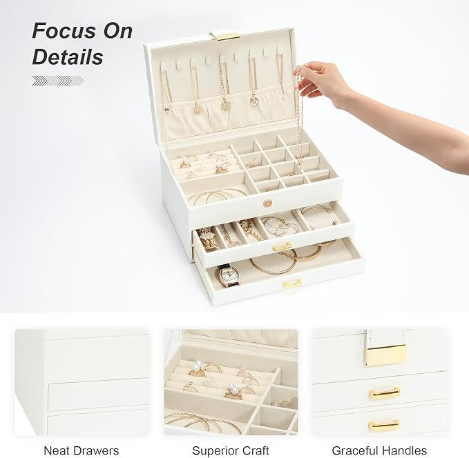 Jewelry Organizer Box, Women Jewelry Box 3 Layers with 2 Drawers, Large Jewelry Organizers Jewelry Boxes Display Earring Necklace Watch Bracelet and Rings, White - Image 4