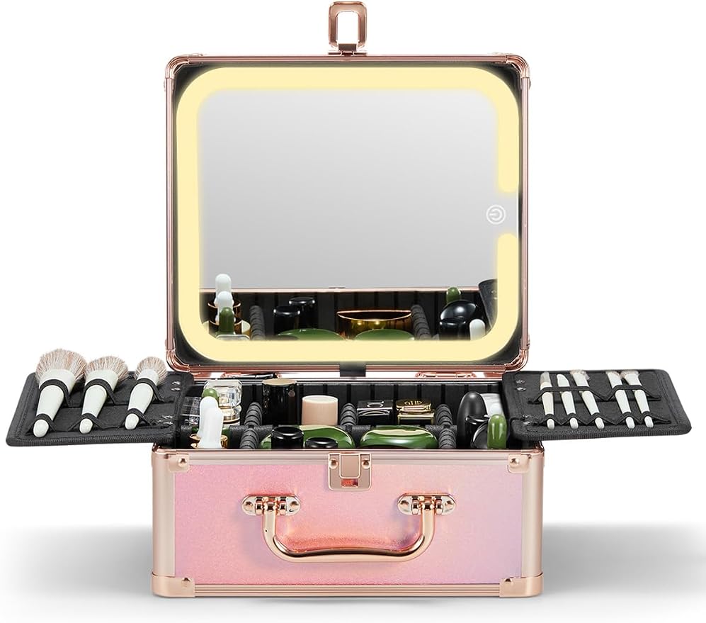 Qislee Makeup Box with Detachable Magnetic LED Mirror, Travel Train Case | Makeup Organizer, Cosmetic Travel Bag for Women, Adjustable Dividers, Brush Slots, Skincare Storage, Sparkling Gradient Pink by Qislee