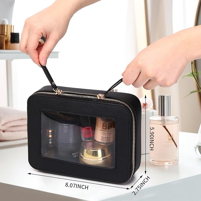 Clear Makeup Bag Set Portable Travel Cosmetic Bag and Toiletry Bag Women's Purse Pouch Cosmetic Stroage Organizer Bag with Zipper Car Essentials (Black, M+Mini) - Image 5