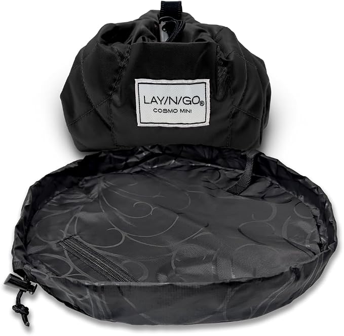 Lay-n-Go Cosmo Layflat Drawstring Cosmetic & Makeup Bag Organizer w/Zipper Pocket, Brush Loops & More, Cinch to Close, Lay Flat to Use, Durable, Machine Wash, Travel Toiletry Bag (16", Black) by Lay-n-Go