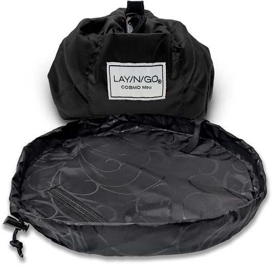 Lay-n-Go Cosmo Layflat Drawstring Cosmetic & Makeup Bag Organizer w/Zipper Pocket, Brush Loops & More, Cinch to Close, Lay Flat to Use, Durable, Machine Wash, Travel Toiletry Bag (16", Black) by Lay-n-Go