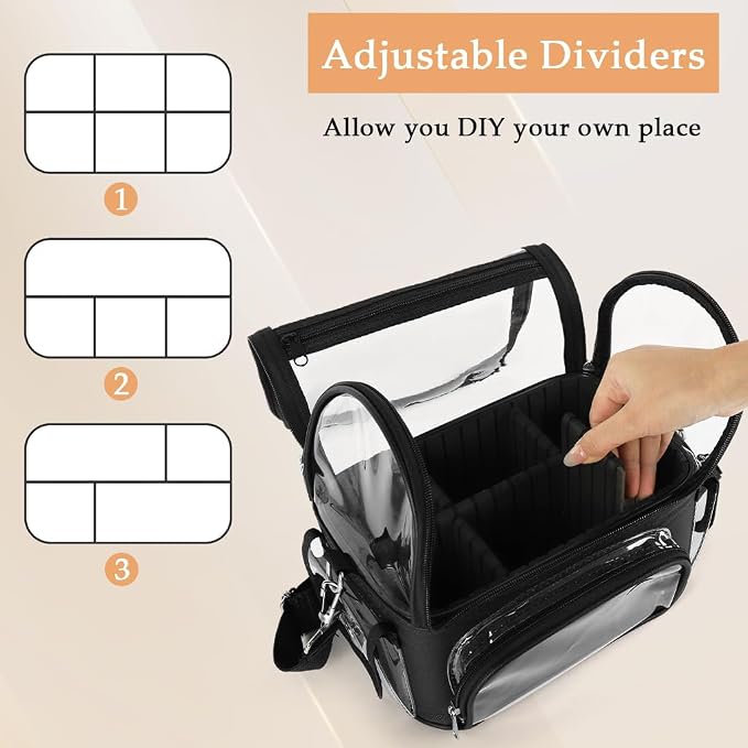 Zibuyu® Makeup Brush Case Clear Waterproof Makeup Organizer Bag with Adjustable Dividers, Multi-Pocket Transparent Vanity Bag for Travel, Artists & Daily Storage, with Handle & Shoulder Strap, Black - Image 4