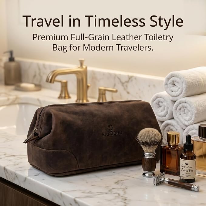 Leather Toiletry Bag, Grooming Travel Pouch, Shaving Kit Toiletries, Makeup Kit Organizer with Waterproof Lining, Handcrafted Vintage leather, best gift for Men & Women (DARK BROWN) - Image 4