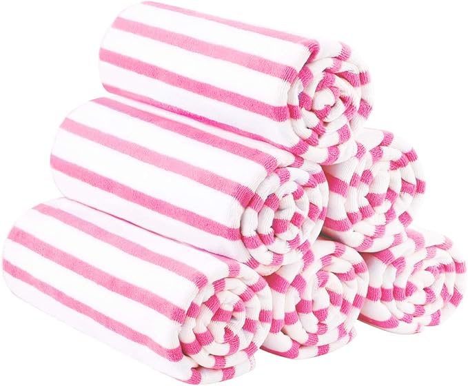 JML Microfiber Beach Towels Set of 6, 27" x 55", Cabana Stripe Pink | Hanging Loop, Soft, Absorbent & Quick Dry, Lint Free, Fade Resistant, for Travel, Summer Party, Swimming, Pool, Yoga, Camping by JML