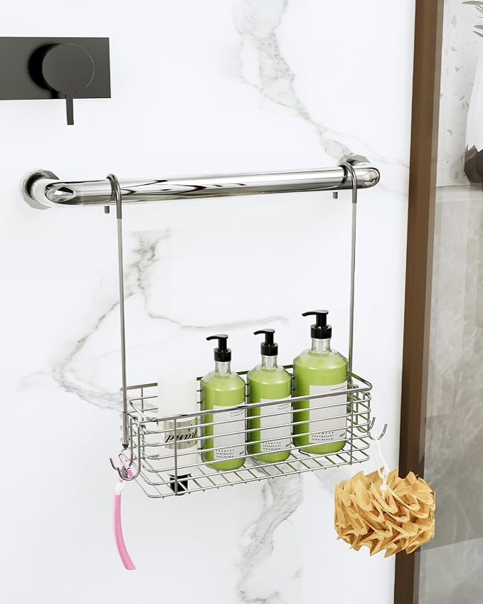 Over Door Shower Caddy, Stainless Steel Bathroom Organizer with Rotating Hooks, Hanging Storage Basket for Shampoo - Image 3