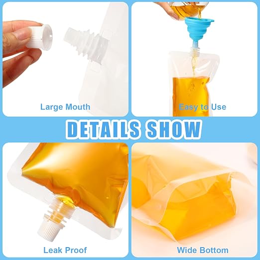 Patelai 300 Pieces Plastic Liquid Pouch Reusable Juice Pouches Travel Water Leak Proof Bags Bulk with Collapsible Silicone Funnel for Travel Outdoor (12 oz) - Image 2