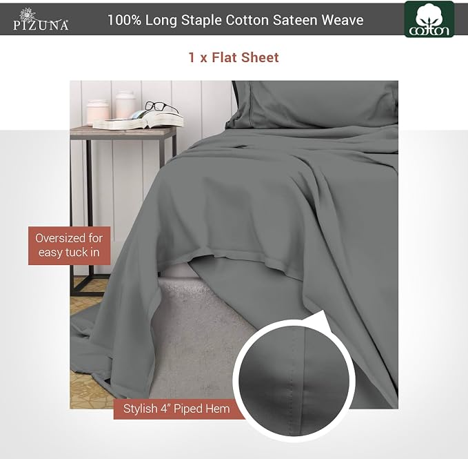 Pizuna Pure 100% Cotton Flat Sheets Only Full Dark Grey (1 PC), Luxurious 400 Thread Count Long Staple Cotton Sateen with 4" Hem (Combed Full Flat Sheet Only Cotton) - Image 3