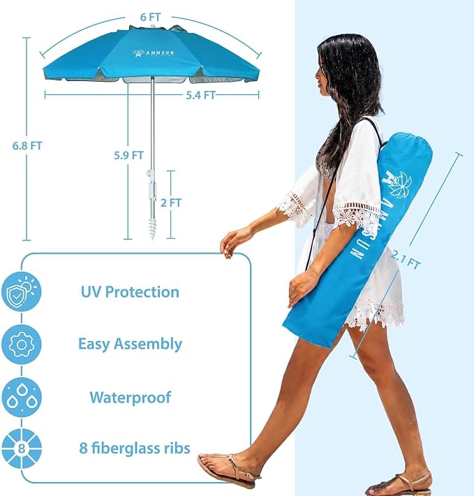AMMSUN 6ft Folded Portable Travel Beach Umbrella with Sand Anchor Tilt Air vent UPF 50+UV Protection Fit In Suitcase Compact Foldable Telescopic umbrellas for Patio Garden Beach Pool Sky Blue - Image 6