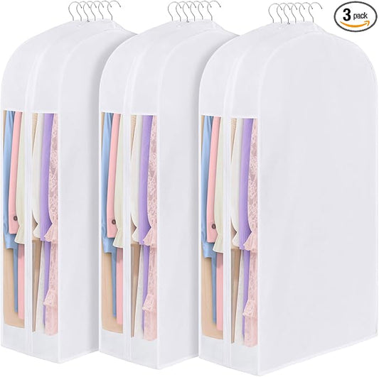 43" Premium Cotton Garment Bag for Hanging Clothes, Breathable Suit Bags for Closet Storage with Extre Large 10" Gusseted & Clear Window, Dust Cover with Zipper for Suits, Jacket, 3 Pack by Kntiwiwo