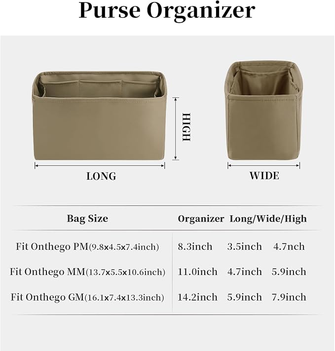 Organizer Insert for Onthego PM, Satin Purse Organizer for Luxury Bag, Lightweight and Soft Purse Dividers for Woman Handbags, Multiple Pockets with Organized Capacity (Gris Tourterelle, PM) - Image 2