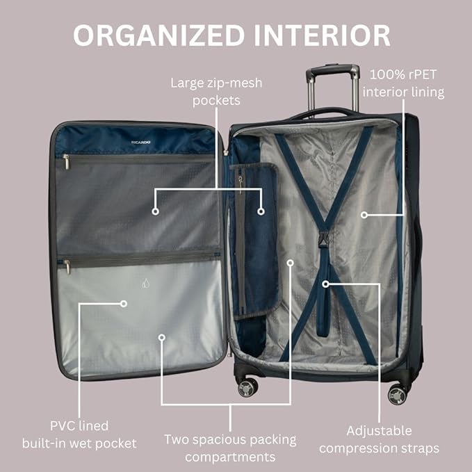 Ricardo Beverly Hills Avalon Softside 2-Piece Luggage Set Made with Sustainable 100% Recycled PET (rPET), Lightweight, Eco-Friendly Travel, Expandable, Dual Spinner Wheels, Storm Blue, (20" & 24") - Image 4