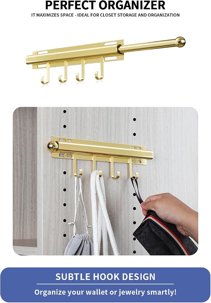 BaiNong Valet Rod for Closets Pull Out 12" Gold with 4 Hooks | Closet Valet Rod Slide Out for Closets, Laundry Rooms, RVs Space-Saving - Image 2
